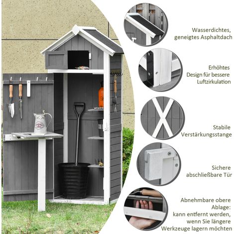 Abri de jardin en bois traité, 78x52,5x182 cm, porte incluse, toiture inclinée, rangement à outils avec crochets, table escamotable, parfait pour extérieur ou balcon, gris.