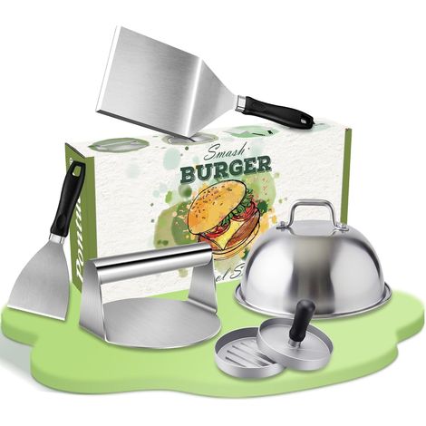 Set Smash Burger 5 Pièces, Kit Accessoires Plancha en Acier Inoxydable pour Grill et Teppanyaki, Presse à Burger, Cloche de Cuisson, Spatule Large Grattoir, Idée Cadeau Barbecue Homme -