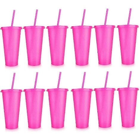 Lot de 12 gobelets réutilisables avec couvercles et pailles, gobelets en plastique pailleté de 710 ml (24 oz), parfaits pour les fêtes d'anniversaire, les smoothies et les fêtes sur la plage. (1/5)
