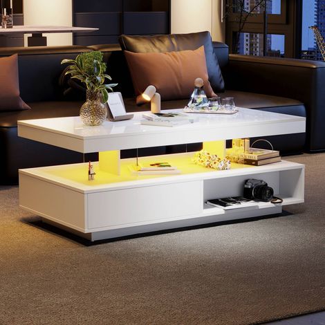 Table basse blanche brillante 95 x 50 x 42.5 cm, avec 4 tablettes en verre, 2 tiroirs et 2 niches ouvertes, meuble de salon (1/4)