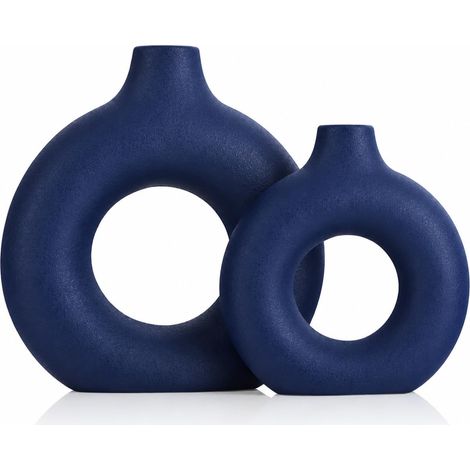 Lot de 2 vases en céramique Bleu Marine pour décoration d'intérieur, vases minimalistes Nordiques Creux en Forme de Donut, décoration Moderne Bleu Marine pour Centre de Table de Cuisine, Salon (1/5)