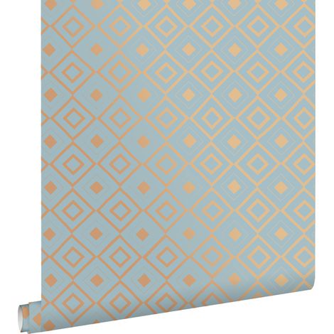 papier peint vichy vintage bleu et brun cuivré brillant - ESTAhome (1/5)