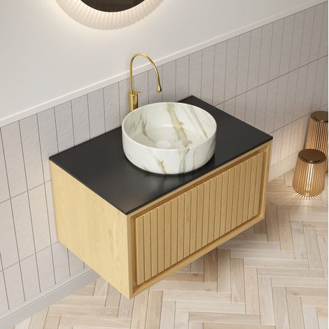 Mueble de baño suspendido con lavabo cerámico blanco y encimera de piedra sinterizada negra (1/5)
