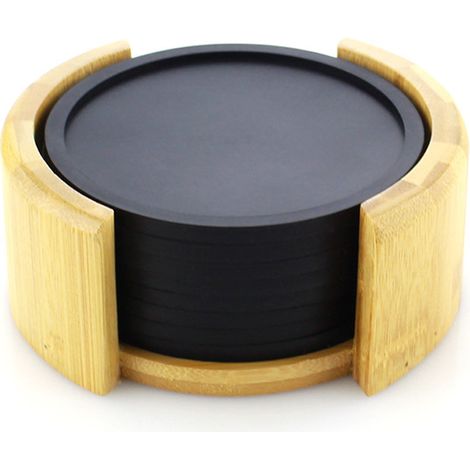Sous-verres ronds en silicone - Lot de 8 avec boîte - Sous-verres en verre noir conçus pour les boissons, les tasses, les bars, le verre - Sous-verres de table en silicone Noir (1/2)