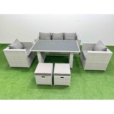Fimous Patio Garden Furniture Sets with Black Glass Top Dining Table Armchair 3 Seater Sofa 2 Small Stool Light Grey (1/4)