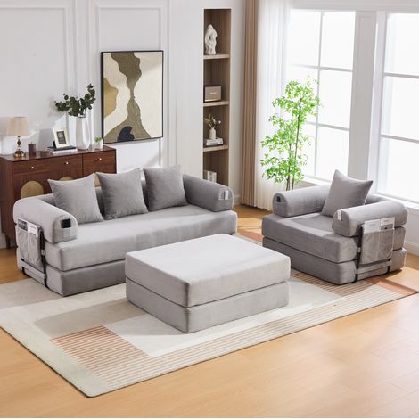 Sofá modular de 4 plazas con puf, pana, estructura metálica, gris claro HAVRYA (1/5)