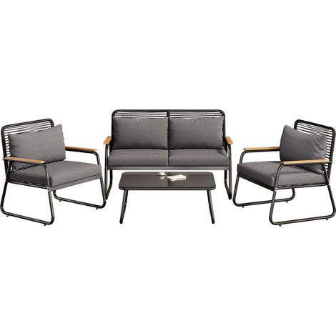 Salon de jardin, ensemble canapé-table pour 4 personnes avec structure en fer galvanisé, plateau en verre trempé, pieds réglables, coussins d’assise et de dossier inclus, noir (1/5)
