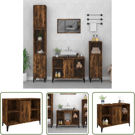 The Living Store Waschbeckenunterschrank Räuchereiche 80x33x60 cm Holzwerkstoff - Badezimmermöbel - Waschbeckenunterschrank - Holzschrank - Spiegelschrank - Handtuchhalter (1/5)