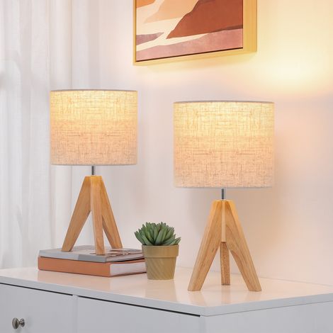 EDISHINE Lampe de chevet lot de 2, Lampe de table en bois H36 cm, ampoule LED E27 incluse, abat-jour en lin beige, trépied vintage