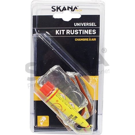 Kit di riparazione per camera d'aria. Comprende 4 toppe da ø 20 mm e 1 toppa da 45 x 25 mm. Fornito con colla e carta abrasiva.