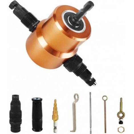 Kit di 7 pezzi per cesoia elettrica per metalli, taglierina per lamiera a doppia testa per trapano, taglierina per lamiere elettrica regolabile a 360 gradi (1/5)