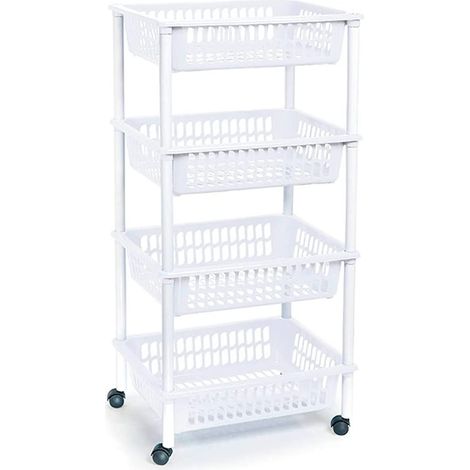Tradineur PLFT Chariot à légumes en plastique avec 4 niveaux et roues, paniers empilables pour fruits, légumes, cuisine, salle de bain Blanc 85 x 40 x 30 cm (1/4)