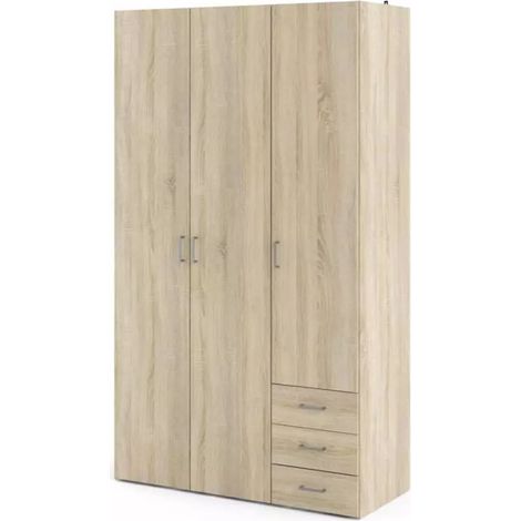 armadio 3 ante battenti "space" con 3 cassetti effetto quercia 115,8x49,50x200,40 cm (1/7)