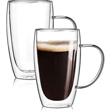 Lot de 2 tasses à expresso de 44 cl avec anse, verres à expresso transparents, double paroi isolante (1/4)