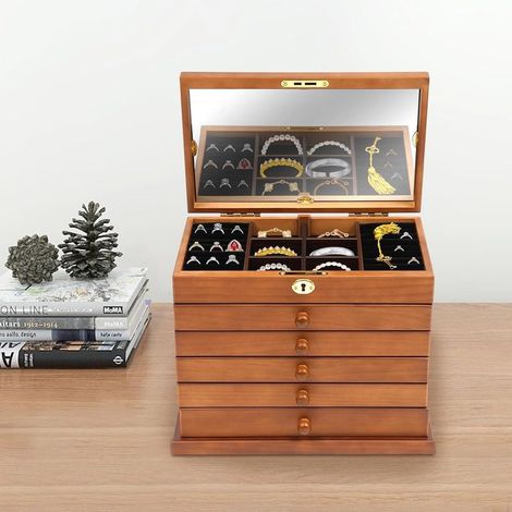 Boîte à bijoux en bois à six niveaux avec miroir et serrure, comprenant cinq tiroirs sculptés pour ranger colliers, bracelets, broches, bagues, boucles d'oreilles et accessoires (1/5)