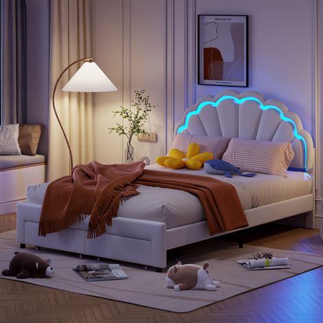 Lit coffre ado/enfant 140x200 cm avec 2 tiroirs, éclairage LED, sommier à lattes, velours (1/5)