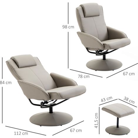 Sillón reclinable con reposapiés, sillón giratorio de 360° para TV con función reclinable, silla para TV, piel sintética, silla de lectura para salón, dormitorio, gris.
