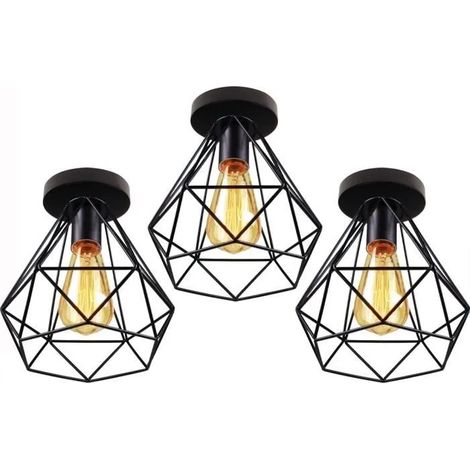 U-Do Plafonnier en Métal Noir E27 3Pcs Vintage Lampe de Plafonde éclairage Industriel pour Cuisine Couloir Salon (1/4)
