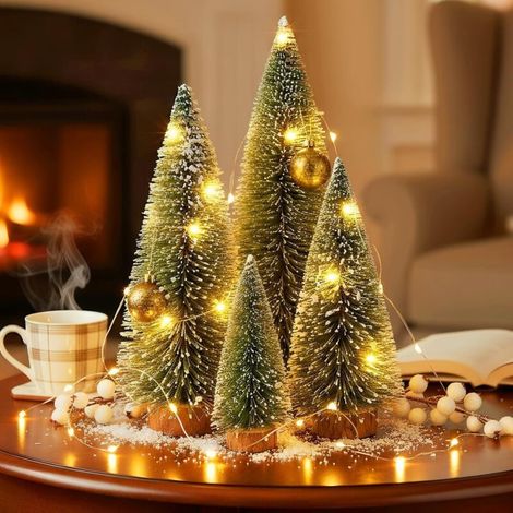 XEPHO Lot de 4 Mini Sapins de Noël, Snow Frost Sisal Trees avec Base en Bois, Petit Sapin de Noël Artificiel Miniature pour Décoration de Table, Chambre, Diorama（Lumières non incluses）
