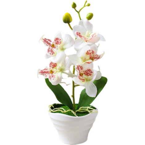 Künstliche rote Orchideenblume im Topf, grüne Topfsimulation, Schmetterlingsorchidee, Blumendekoration, Blume mit Blumentopf für Tisch, Schreibtisch, Schlafzimmer, Wohnzimmer, Dekoration (weiß)