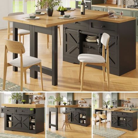 Meuble de Rangement 2-en-1 Table à Manger intégrée tiroirs dissimulés panneaux pivotants à 360° porte de meuble style grange (1/5)