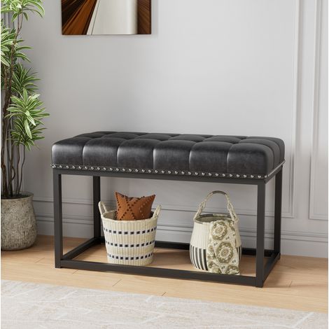 Bank 90x46x52 cm schwarz, gesteppte Sitzfläche aus Kunstleder, Metallgestell, MEUBLIV (1/5)