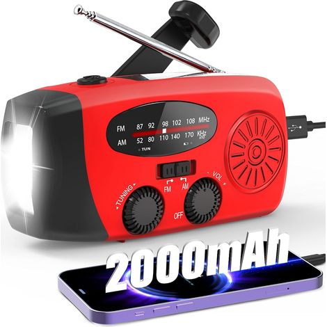 Radio d'urgence AM/FM à énergie solaire avec manivelle, batterie portable de 2000 mAh, lampe torche LED et alarme SOS. (1/5)