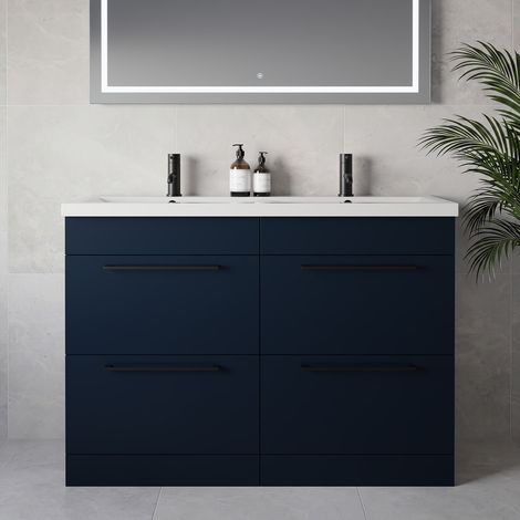 Napoli 390 Deep Blue 1200mm 4 Drawer Vanity Unit with Double Glide Basins - 1200mm - Matt Black 320mm Handle