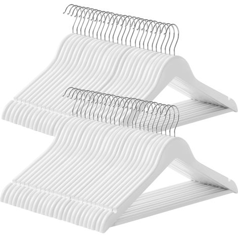 Cintre Bois, Lot de 50, avec Encoches Antiglisse, Barre Antiglisse pour Pantalons, Crochet Pivotant 360°, pour Costumes, Chemises, Manteaux, Blanc et Argent CRW03W-50 (1/5)