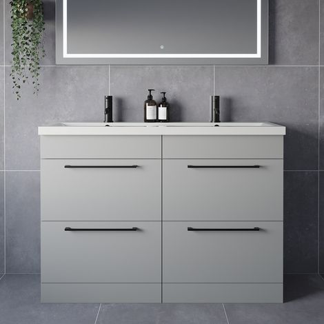 Napoli 390 Gloss Grey Pearl 1200mm 4 Drawer Vanity Unit with Double Glide Basins - 1200mm - Matt Black 320mm Handle