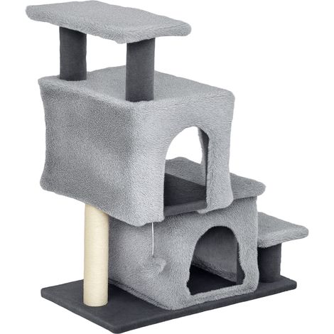 Verstellbares 4-stufiges Katzenregal mit 2 Fächern, Kratzbaum und Ball, grau
