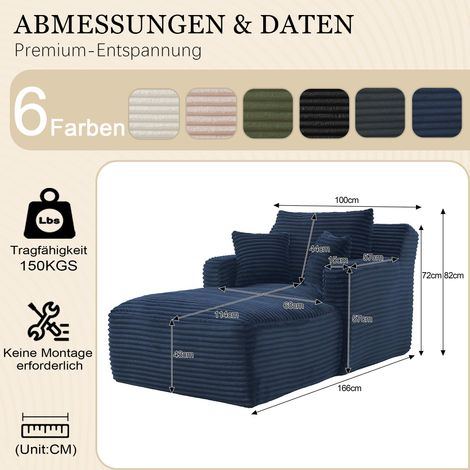 Chaise longue intérieure 1 place avec coussins et accoudoirs, fauteuil confortable sans armature, pour salon ou chambre (bleu)