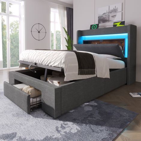 Cama de almacenamiento para infantil de 90x200 cm con LED, USB/USB-C, 1 cajón, somier de láminas, sin colchón, lino gris (1/5)