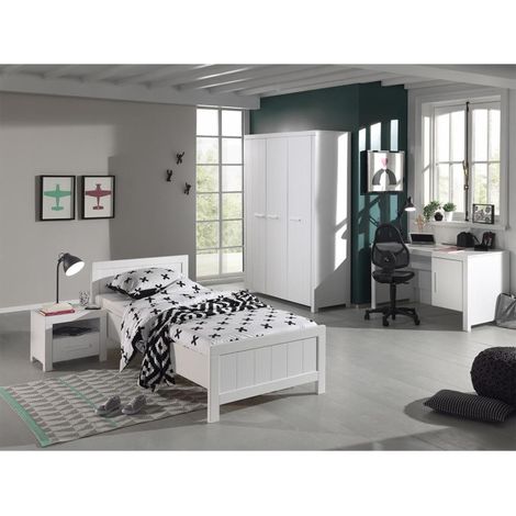 Pack - Lit Enfant, Chevet, Armoire & Bureau "Erik" Blanc (1/5)
