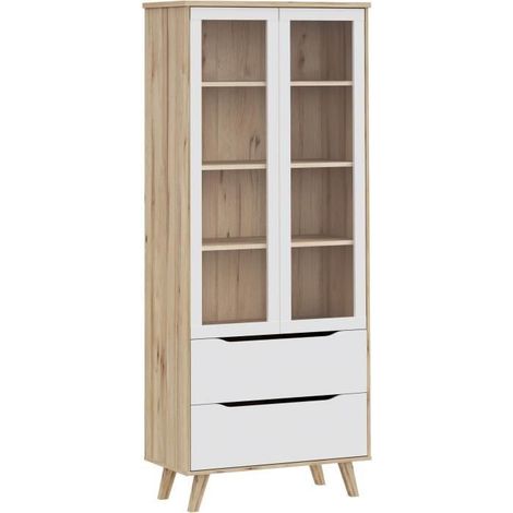 Vitrine - VANKKA - 2 portes vitrées - Chêne / Blanc mat - 84,7 x 41,7 x 201,5 cm (1/5)