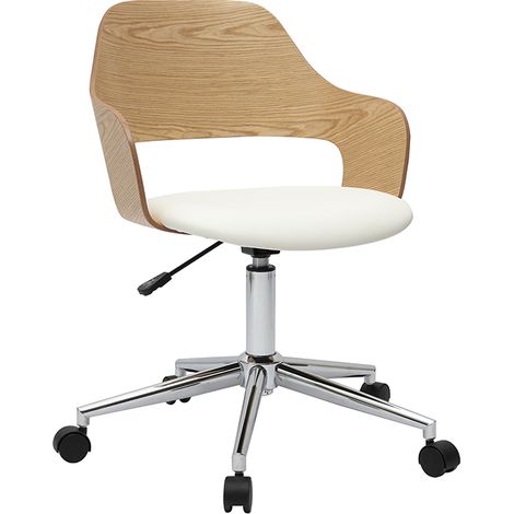 Silla de oficina con ruedas diseño blanco, madera clara roble y acero cromado JANET