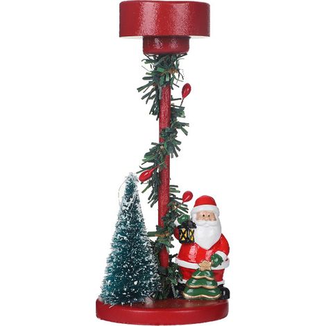 Portavelas navideño de resina para velas cónicas, con la figura de Papá Noel con una linterna y un mini árbol de Navidad cubierto de nieve (velas no incluidas). (1/4)