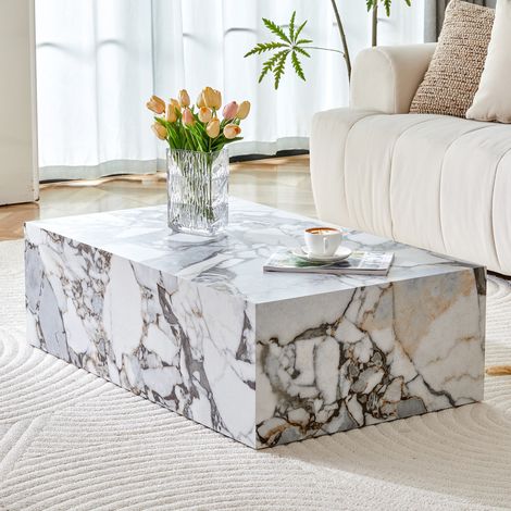 Table basse rectangulaire blanche imitation marbre 90×50×30 cm en MDF,sans assemblage. Adaptée au luxe moderne,style scandinave et nord-européen.