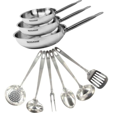 Set de 3 poêles de 20, 24 et 28 cm en inox et 6 ustensiles inox Fackelmann Eterna (1/5)