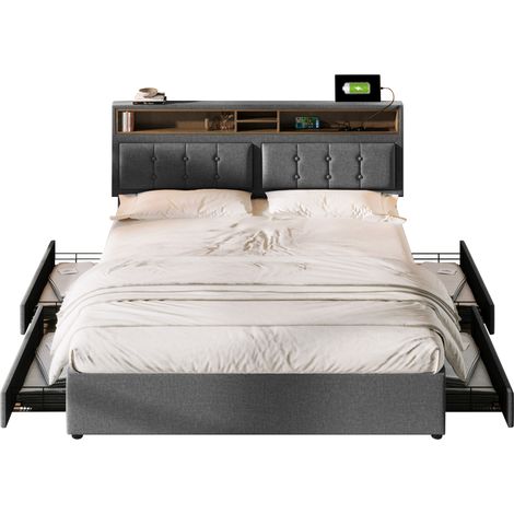 Doppelbett mit 4 Schubladen 140 x 200 cm, USB, Type-C und Verstellbarem Kopfteil, Ohne Matratze (1/5)