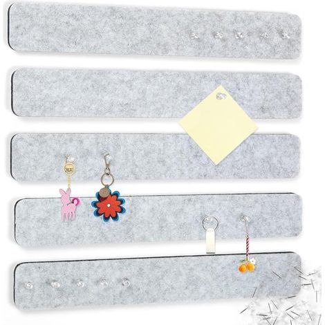 Cinq bandes de feutrine autocollantes pour tableau d'affichage, idéales pour les chambres, les bureaux et la décoration murale. Dimensions : 33 x 5 x 0,9 cm. Couleur : gris clair. (1/5)