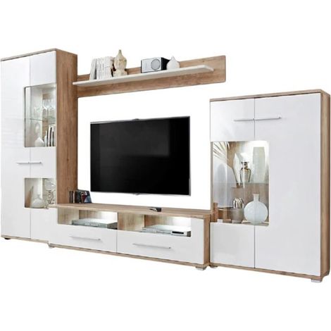Dusine – Meuble TV mural blanc laqué et chêne – Armoire LED 80cm – Vitrine 80cm – Grand élément bas 160cm – Style moderne (1/4)