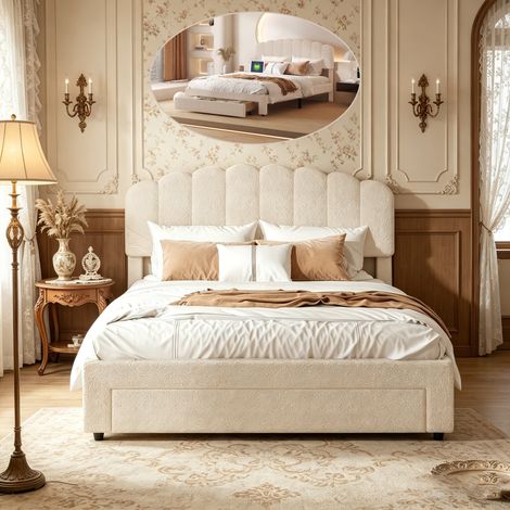 Lit Double rembourré 140x200 cm, lit 2 Personnes avec tiroir de Rangement et  Prise USB & Type C,Dossier en Teddy,Convient aux Adultes et aux Adolescents,Beige