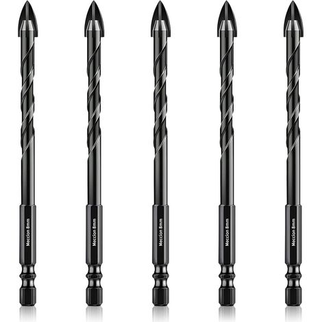 Forets pour Carrelage 8mm 5Pcs Forets Professionnels en Croix Carbure de Tungstène pour Carrelage, Brique, Verre, Porcelaine, Plastique, Bois, Ciment, Métal Doux (1/5)