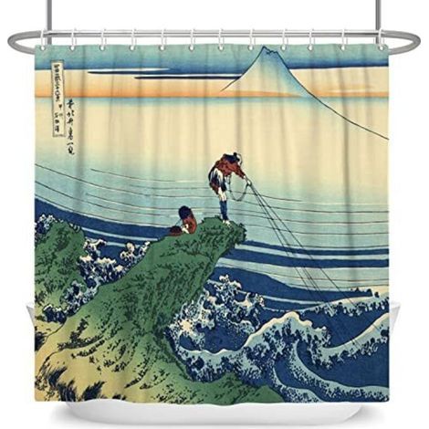 180x180cm Abstract Ukiyo-e Anime Japanese Shower Curtain Sea Waves Mount Fuji Kanagawa Landscape Traditional Ethnic Bathroom Curtain Polyester Bathroom Curtain with Hooks