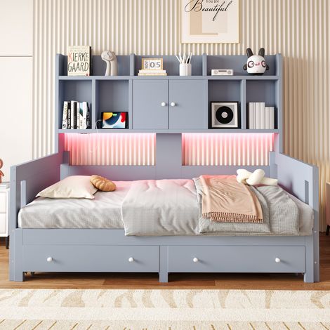 Lit de rangement 90x190 cm Canapé-lit escamotable extensible à 180x190 cm - lit gigogne et prise LED - Blanc - Gris (1/5)