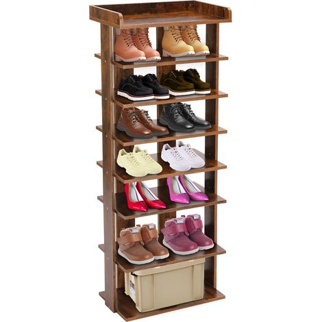 Youyijia Narrow Shoe Rack, Double Rows 7-Tier Tall Shoe Rack Organiser, Slim Vertical Shoe Storage Cabinet Wooden Shelf Rack Shoe Tower Free Standing Display Rack for Corner Entrance Hallway Brown