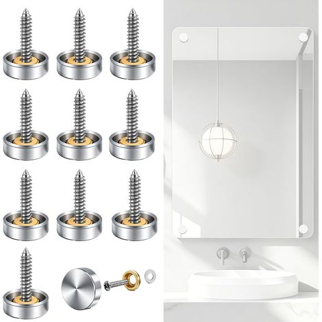 12PCS Cache Vis pour Miroirs, Capuchons Décoratifs en Cuivre Pur, Argent Poli Miroir, avec Accessoires d'installation, Convient à la Fixation Invisible de Miroirs/Vitres/d'armoires(10mm (1/5)