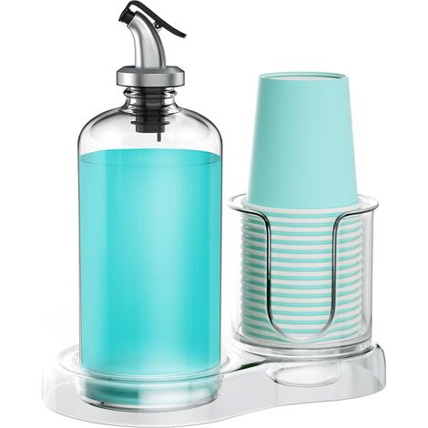 Distributeur de bain de bouche pour salle de bain avec porte-gobelet, récipient amovible en verre de 473,6 g, distributeur de lave-bouche rechargeable pour comptoir avec plateau en PC, 14 (1/5)