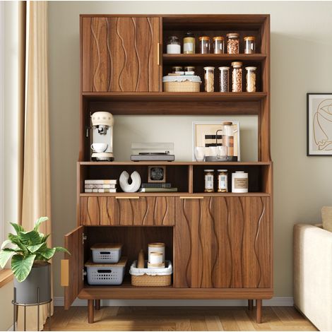 Buffet haut avec étagères, tiroir et portes en MDF et aggloméré 100 x 32 x 170 cm noyer OKWISH (1/5)